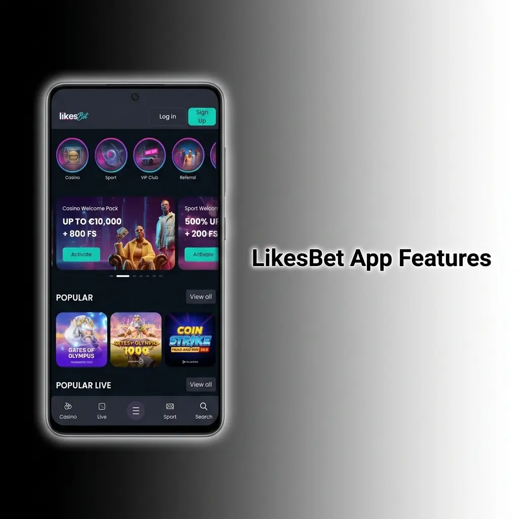 LikesBet app interface met sportsbook en casino