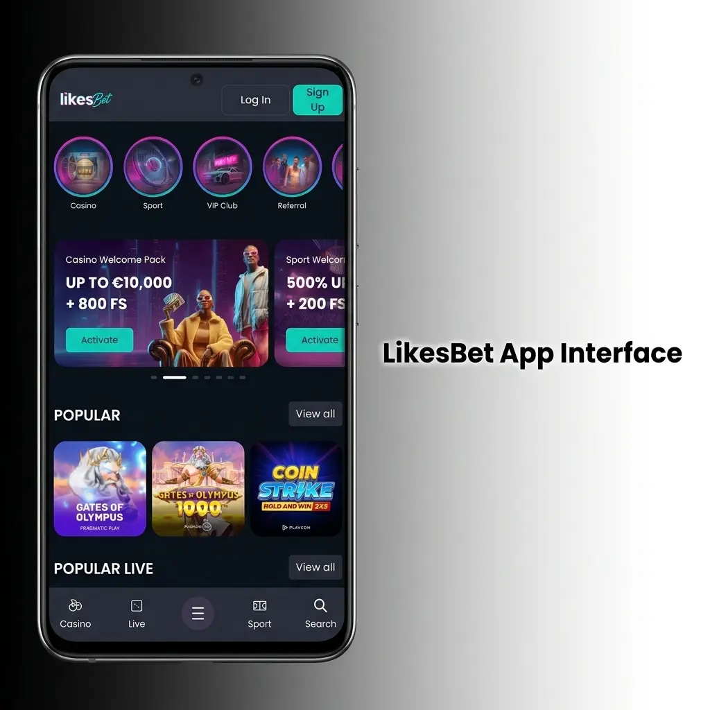 LikesBet app interface with dark theme and bottom navigation menu